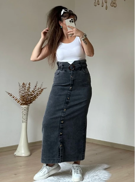 Bel Detaylı Dar Kot Etek Koyu Füme