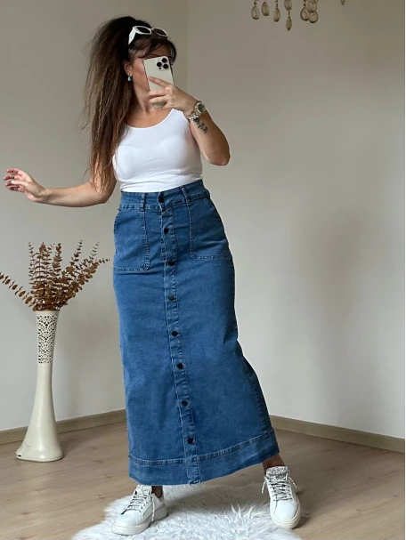 Bel Detaylı Dar Kot Etek Koyu Mavi
