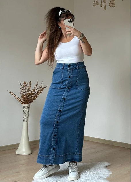 Bel Detaylı Dar Kot Etek Koyu Mavi