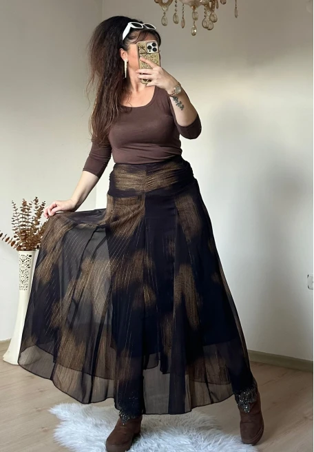 Bel Drapeli Şifon Simli Etek