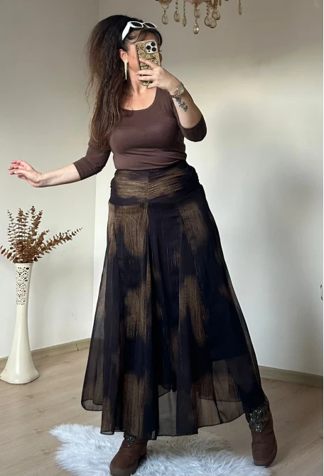 Bel Drapeli Şifon Simli Etek