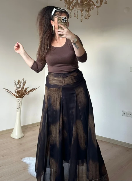 Bel Drapeli Şifon Simli Etek