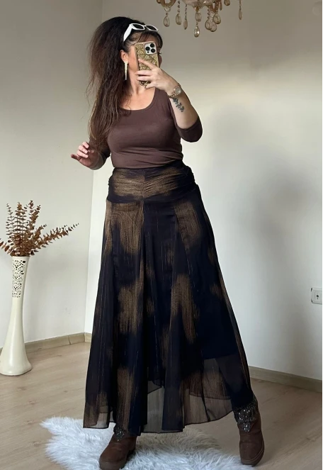 Bel Drapeli Şifon Simli Etek