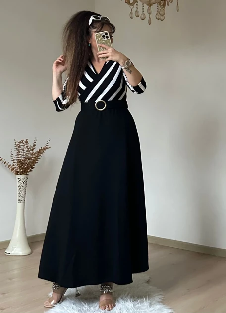 Beyaz Cızgılı Halka Kemerlı Trıko Elbise