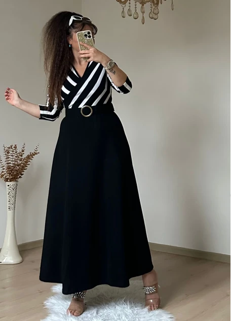 Beyaz Cızgılı Halka Kemerlı Trıko Elbise