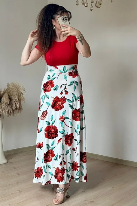 Beyaz İri Gül Desen Viskon Elbise