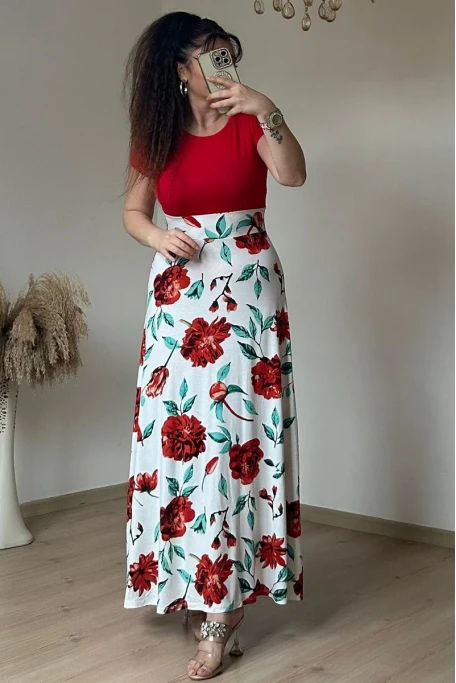 Beyaz İri Gül Desen Viskon Elbise