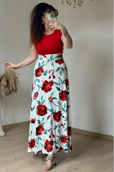 Beyaz İri Gül Desen Viskon Elbise