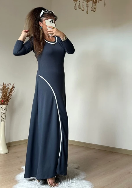 Beyaz Şerıtlı Elbise Gri