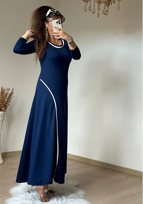 Beyaz Şerıtlı Elbise Lacivert