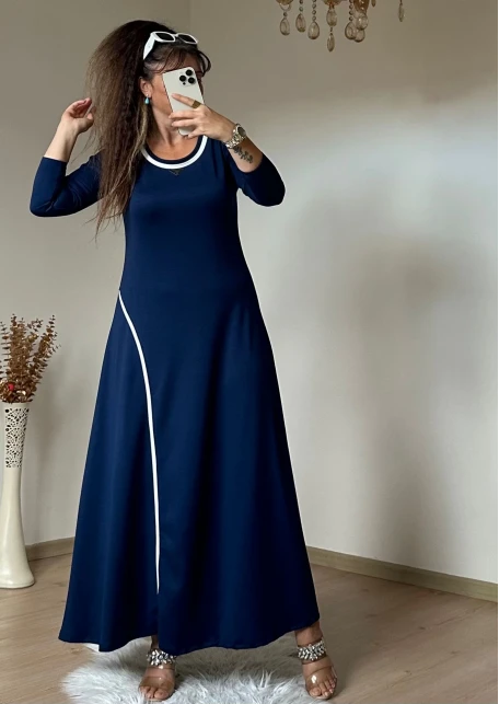 Beyaz Şerıtlı Elbise Lacivert