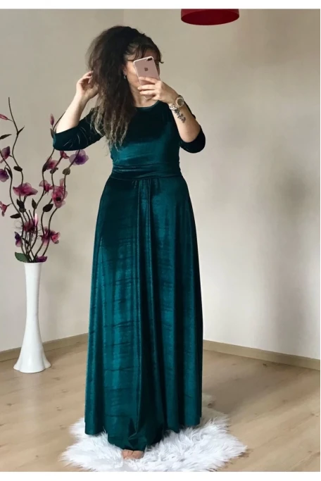 Bisiklet Yaka Kadife Elbise Zümrüt Yeşili