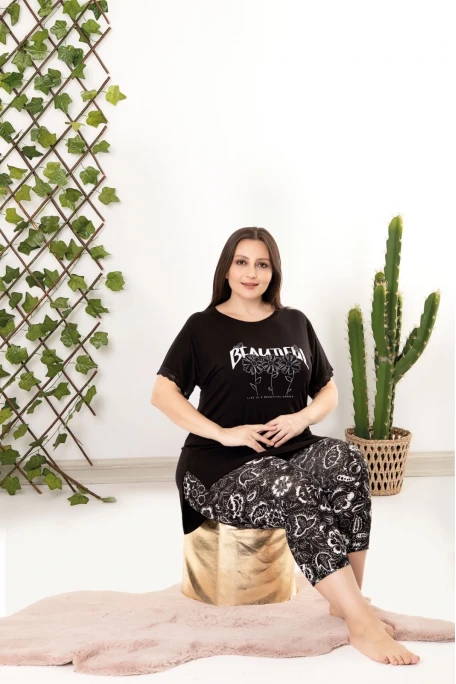 Büyük Beden Beautiful Yazılı Pijama Takımı