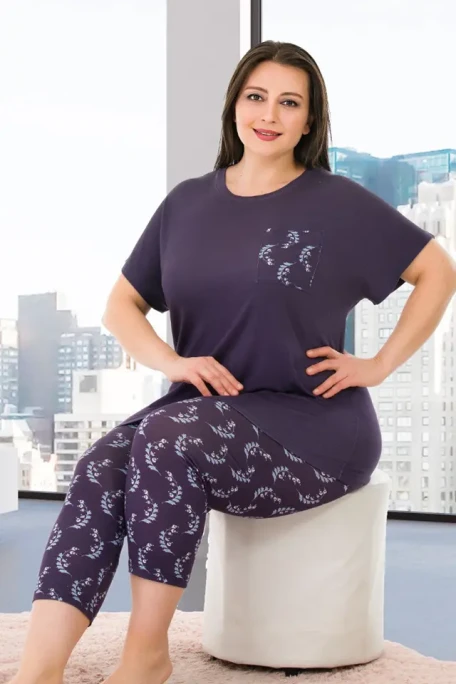 Büyük Beden Desenli Kısa Kol Viskon Kumaş Kapri Pijama Takımı