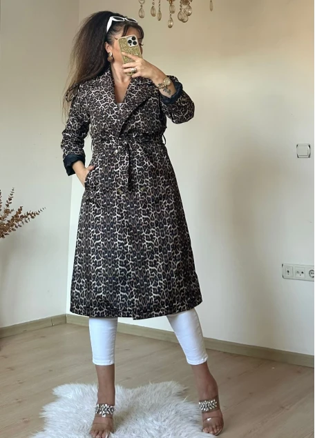 Ceket Yaka Leopar Trençkot Büyük Beden