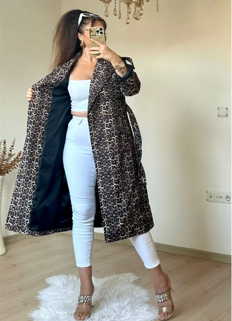 Ceket Yaka Leopar Trençkot Büyük Beden