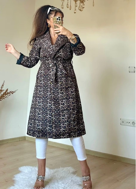 Ceket Yaka Leopar Trençkot Büyük Beden