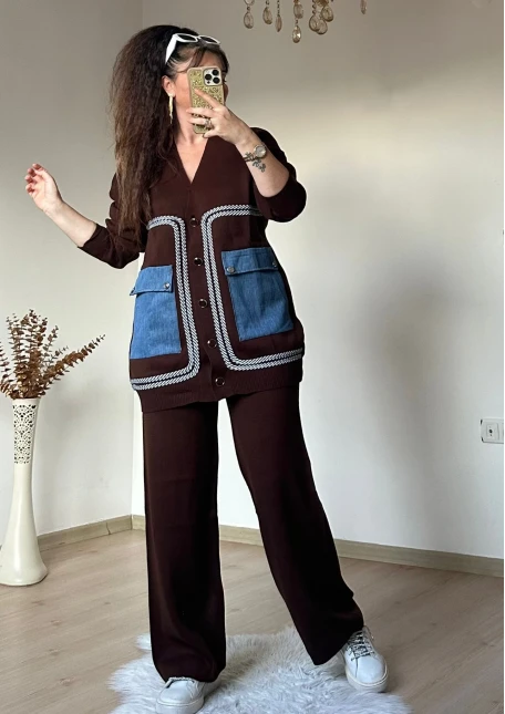 Cep Kot Detaylı Takım Kahve