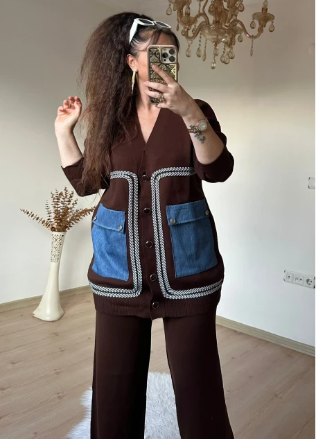 Cep Kot Detaylı Takım Kahve