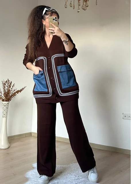 Cep Kot Detaylı Takım Kahve