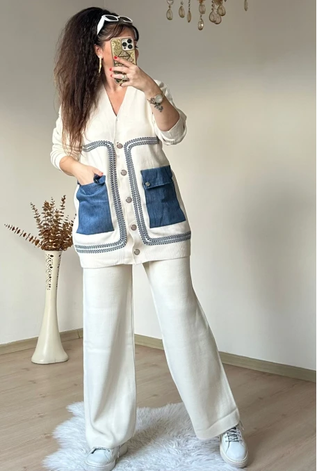 Cep Kot Detaylı Takım Krem