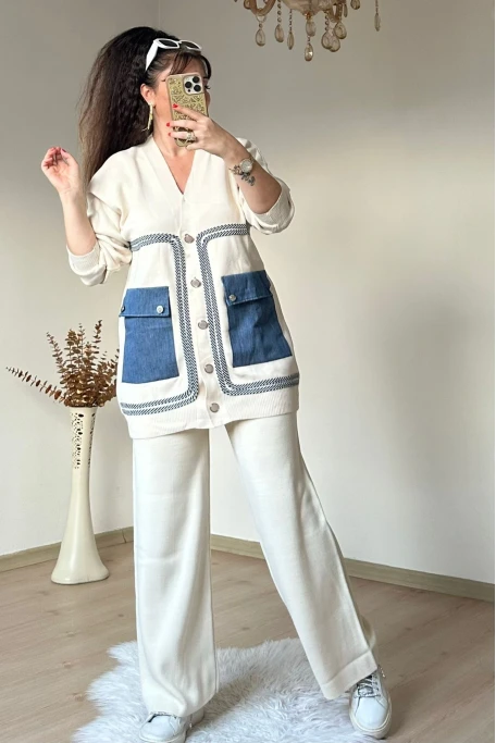 Cep Kot Detaylı Takım Krem