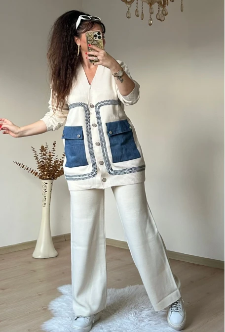 Cep Kot Detaylı Takım Krem