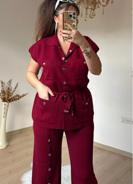 Cıtcılı Sıfır Kol Yelek Takım Bordo