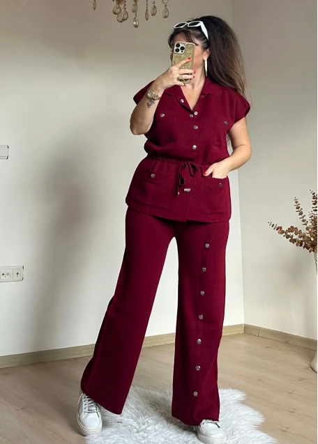 Cıtcılı Sıfır Kol Yelek Takım Bordo