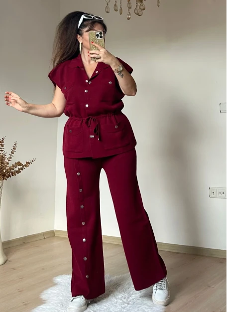 Cıtcılı Sıfır Kol Yelek Takım Bordo