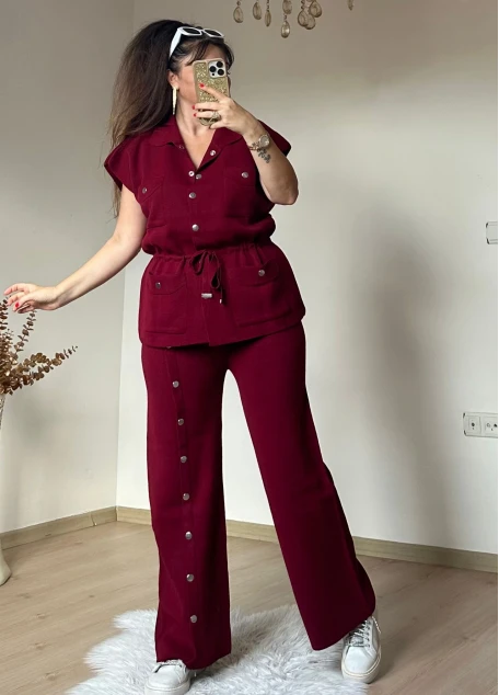 Cıtcılı Sıfır Kol Yelek Takım Bordo