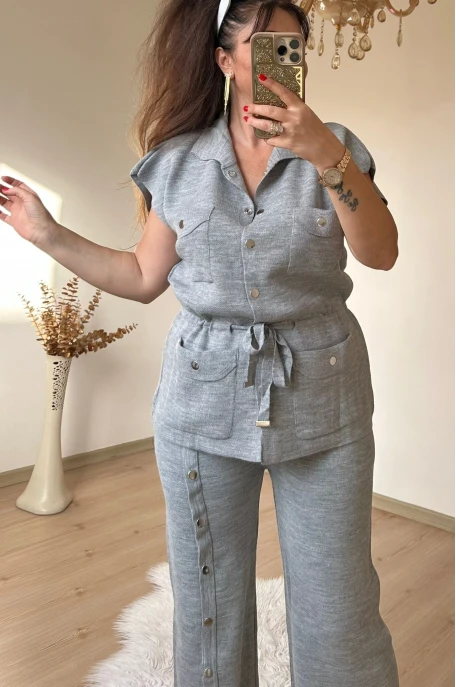 Cıtcılı Sıfır Kol Yelek Takım Grı