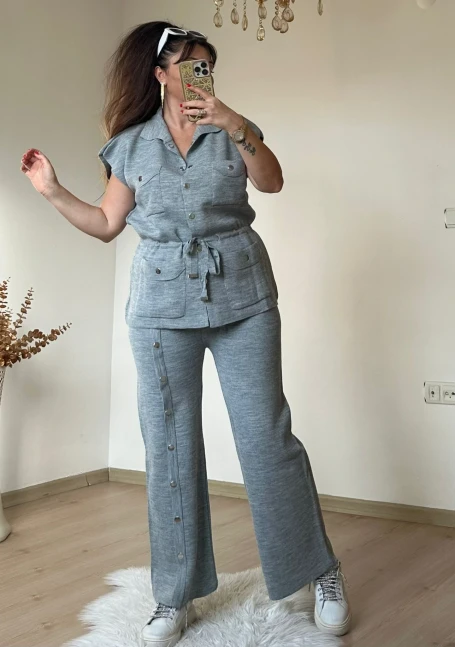 Cıtcılı Sıfır Kol Yelek Takım Grı