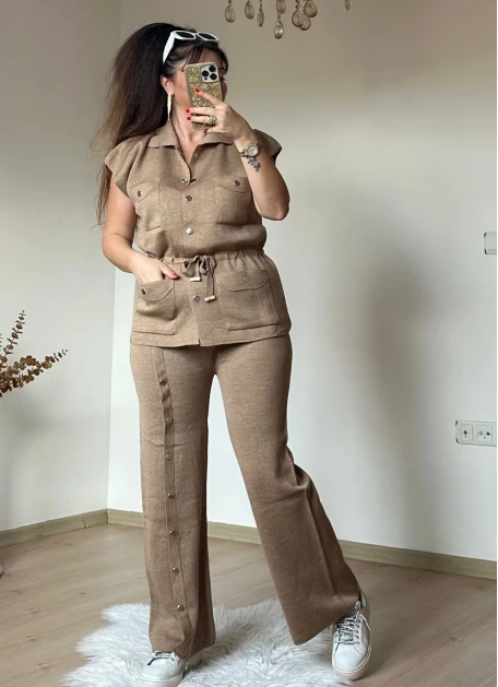 Cıtcılı Sıfır Kol Yelek Takım Kahve