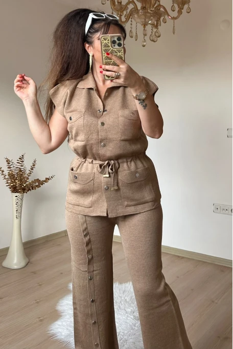 Cıtcılı Sıfır Kol Yelek Takım Kahve