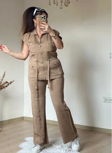 Cıtcılı Sıfır Kol Yelek Takım Kahve