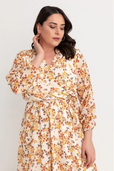 Çıtır Çiçekli Krem Şifon Elbise