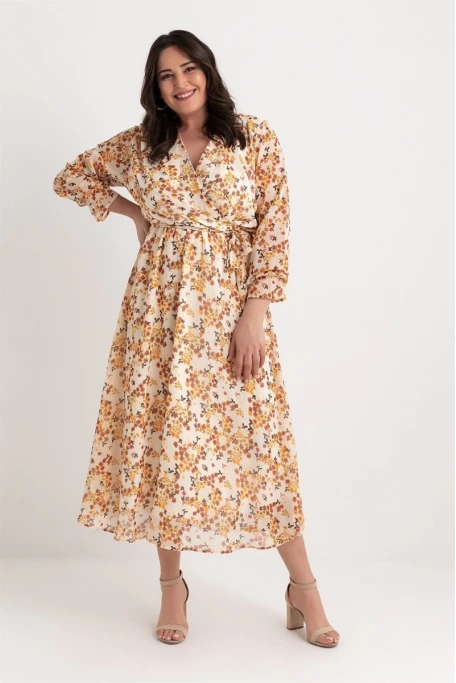 Çıtır Çiçekli Krem Şifon Elbise