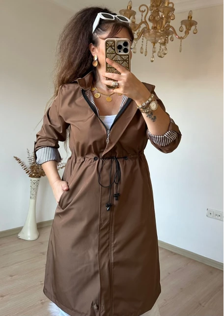 Çizgili Trençkot Kahve