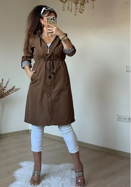 Çizgili Trençkot Kahve