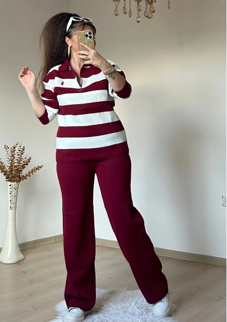 Çizgili Trıko Takım Bordo