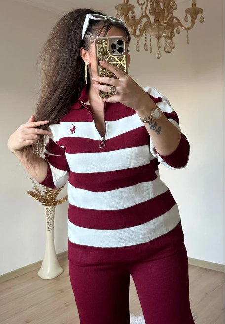 Çizgili Trıko Takım Bordo