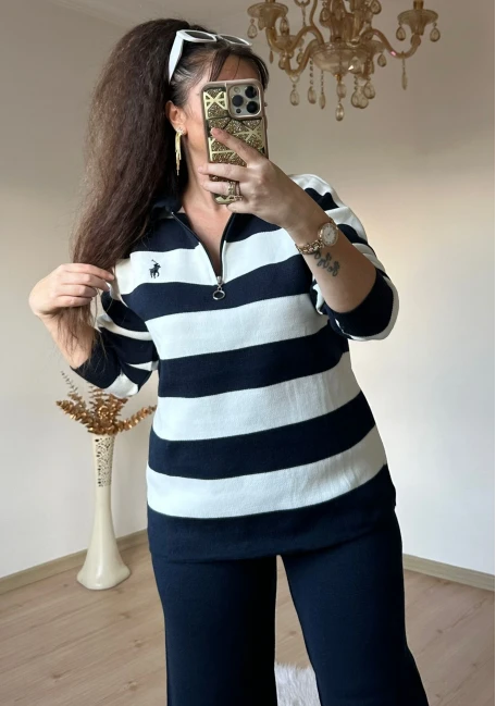 Çizgili Trıko Takım Lacivert