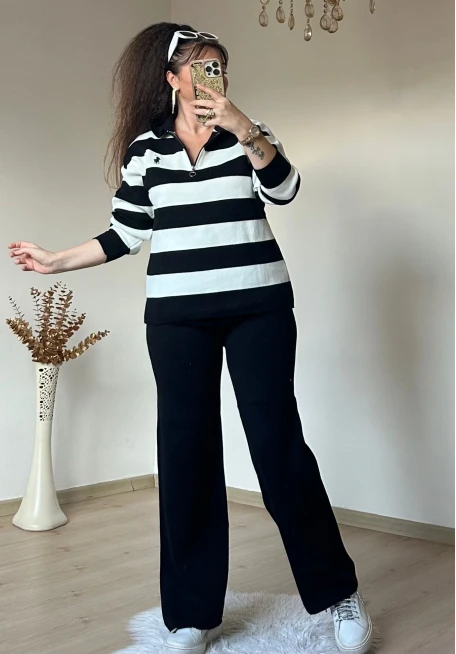 Çizgili Trıko Takım Siyah