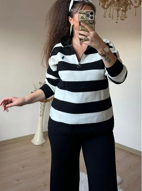 Çizgili Trıko Takım Siyah