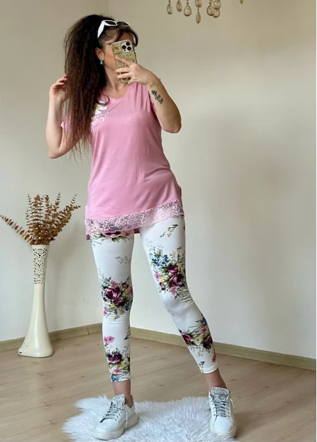 Dantel Detaylı Çiçekli Tayt Takım