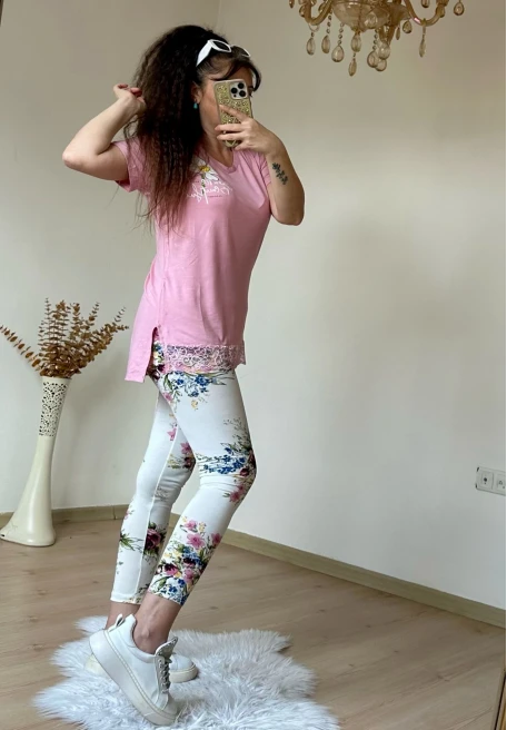 Dantel Detaylı Çiçekli Tayt Takım