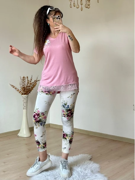 Dantel Detaylı Çiçekli Tayt Takım