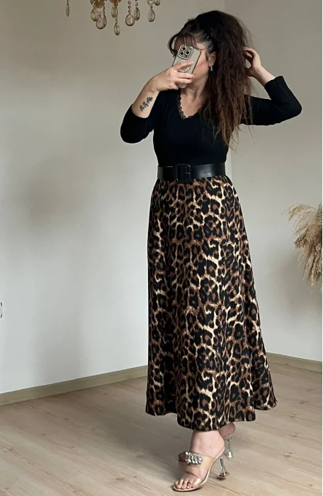 Deri Kemerli leopar Süet Elbise