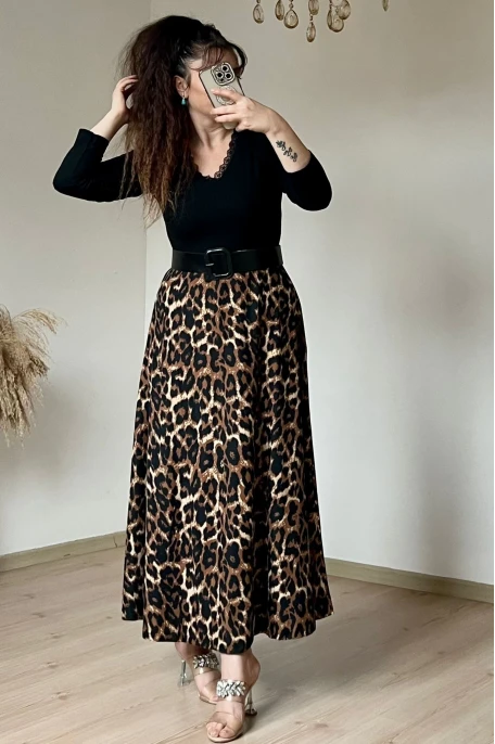 Deri Kemerli leopar Süet Elbise